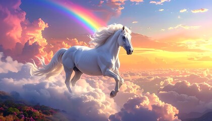 Majestic white horse in a vibrant sky above clouds