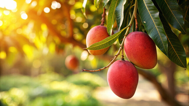 Red Mangoes hanging on tree in garden, Mangoes on tree in natural warm sunlight background