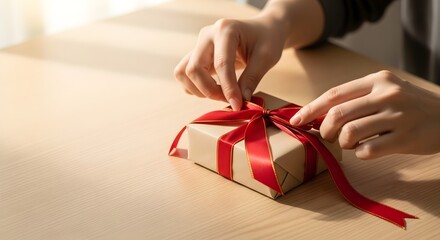 Person's hands carefully tie a festive red ribbon around a beautifully wrapped gift box on a wooden table, preparing for a special celebration.