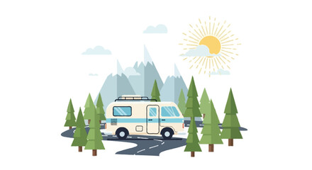 Obraz premium A flat vector illustration of a camper van on the road, surrounded by pine trees and mountains in the background, with a bright sun and a few clouds in the sky