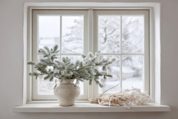winter scene featuring pristine window adorned with beautiful spruce branch evoking serene holiday atmosphere