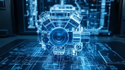 A hologram of a complex engine part design floating above a blueprint projected in augmented reality, showcasing innovative automotive engineering. 4k video - Powered by Adobe