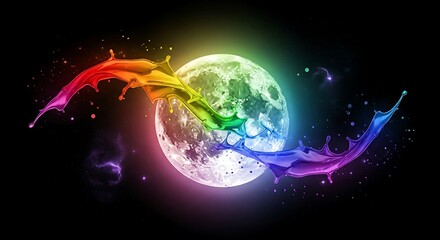 Obraz premium Dynamic rainbow paint splashes swirling around vibrant moon against starry cosmos, a splash of cosmic creativity and imagination