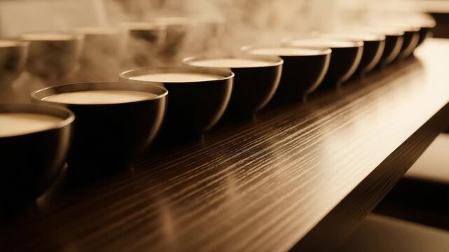 Steaming cups for coffee tasting on a wooden table in warm light