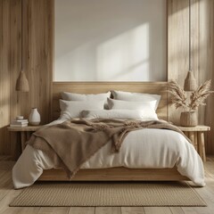 A beautifully lit, neutral-toned bedroom boasts a wooden bed frame, linen bedding, and a warm, inviting ambiance.