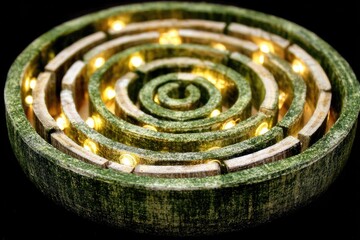 Circular maze, concentric spirals, lit paths, green, wood grain