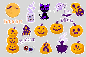 A collection of playful Halloween stickers featuring pumpkins, a black cat, spider, moon, cauldron, and spooky text.