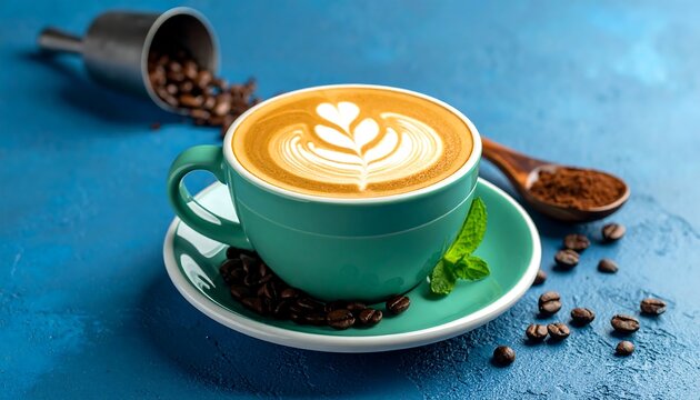 Latte art on a teal cup