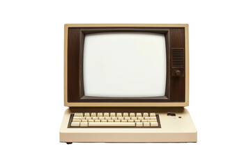 Vintage wooden computer with blank screen isolated on transparent background. Vintage desktop computer with blank screen isolated on white background.