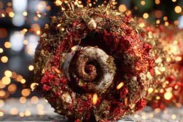 Ornate, spiral-shaped object, encrusted with organic textures, surrounded by sparks