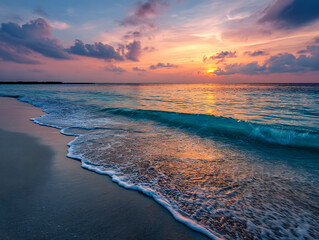 Obraz premium Sunset over ocean waves gently rolling onto sandy beach under colorful sky with clouds creating peaceful atmosphere