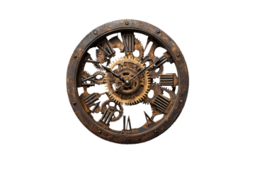 Ornate steampunk clock face with visible gears isolated on transparent background. Vintage steampunk clock with exposed gears and roman numerals isolated on white background.