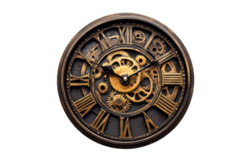 Ornate steampunk clock face with visible gears isolated on transparent background. Vintage steampunk clock with exposed gears and roman numerals isolated on white background.