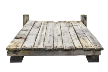 Rustic wooden pier section isolated on transparent background. Weathered wooden pier isolated on white background.