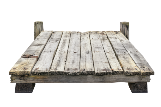 Rustic wooden pier section isolated on transparent background. Weathered wooden pier isolated on white background.