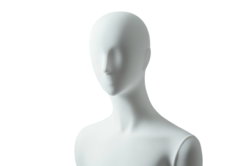 White textured mannequin head isolated on transparent background. White mannequin isolated on white background.