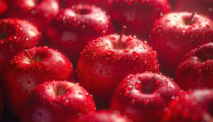 Luminous Red Apples Adorned with Water Droplets Creating a Cinematic and Close Up Composition in Golden Lighting