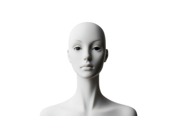 White textured mannequin head isolated on transparent background. White mannequin isolated on white background.