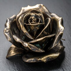 Ornate metal rose on dark surface