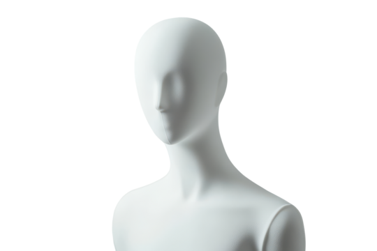 White textured mannequin head isolated on transparent background. White mannequin isolated on white background.
