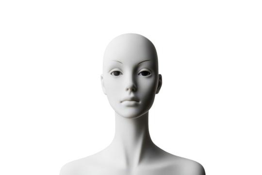 White textured mannequin head isolated on transparent background. White mannequin isolated on white background.