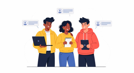 Business cartoon illustration of diverse people with laptops, including a man in a police uniform and a woman with a hat