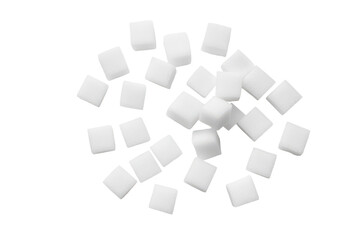Obraz premium Geometric pattern of white sugar cubes isolated on transparent background. White sugar cubes isolated on white background.