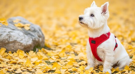 Adorable west highland white terrier puppy wearing a red harness sits in autumn leaves
