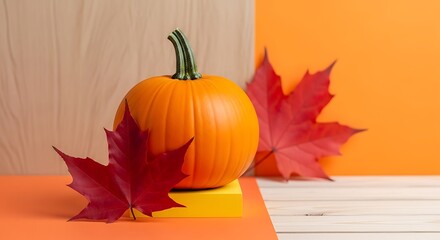 Autumn pumpkin and red maple leaves on a colorful background