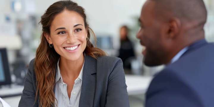 Business agreement between smiling Latina financial advisor and young African American male client in professional setting.
