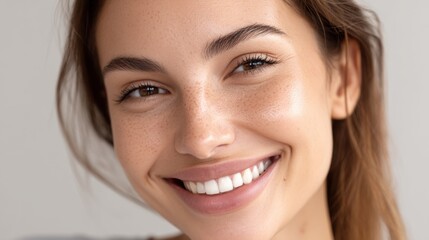 Close-up portrait of a smiling young woman with clear skin, highlighting skincare products. 