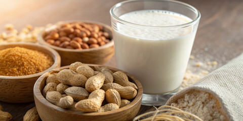 Peanut milk in glass with peanut shell, peanut powder, and nuts in wooden bowls on wooden table, natural healthy drink