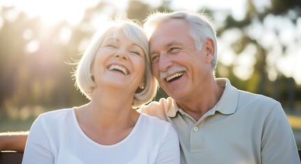 Happy elderly couple laughing together outdoors in warm sunlight