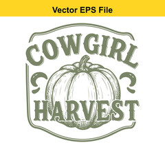 Vector art of cowgirl harvest text with pumpkin illustration