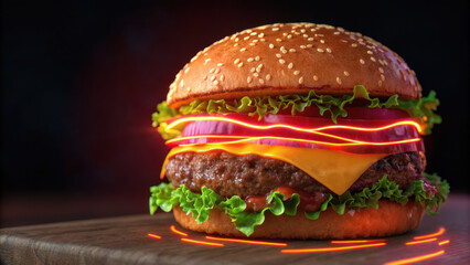 Juicy cheeseburger with lettuce, tomato, onion, and glowing neon light effects on wooden surface, appetizing and vibrant