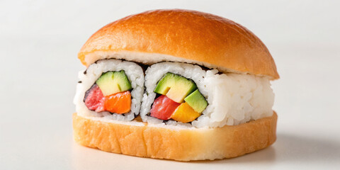 Sushi roll sandwich with avocado, cucumber, and fish wrapped in rice and seaweed inside soft bun, fresh and colorful