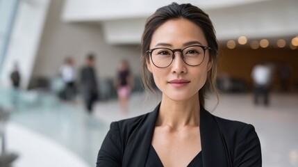 Confident East Asian woman in executive role, formal dress and glasses, standing in office, corporate leadership portrait. 