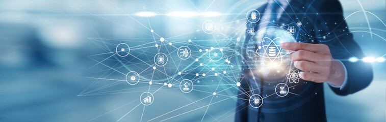 Data Science researcher holding algorithm model Data Science icon predictive analytics enabling intelligent insights supporting industries enhancing strategies fostering innovation.