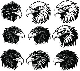 Set of fierce eagle head illustrations in black and white, detailed predator bird artwork, perfect for logos, tattoos, and wildlife graphic designs