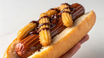 Hotdog bun holding sausage topped with mini churros and chocolate sauce creating sweet and savory treat