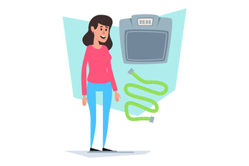 Person standing next to measuring scale and tape. Woman smiling and standing proudly during her weight loss journey