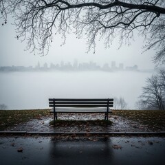 Serene Foggy City Skyline View from Park Bench in Autumn with Bare Trees