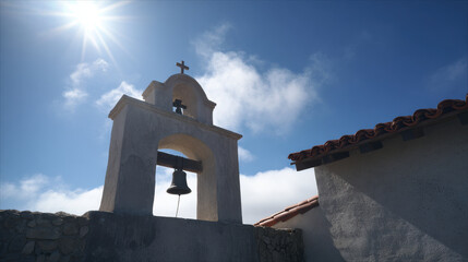 delicate silhouette of church bell tower rises against clear blue sky tranquil allure