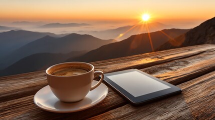A serene morning scene featuring a steaming cup of coffee beside a tablet on a wooden table, overlooking a breathtaking mountain landscape during sunrise.