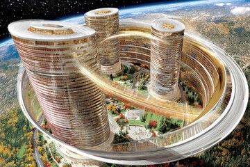 Orbiting city complex, seen from space, with towers and a circular road system