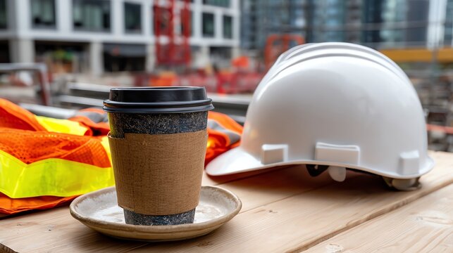 A construction scene featuring a coffee cup on a wooden surface next to a white hard hat and safety gear - Powered by Adobe