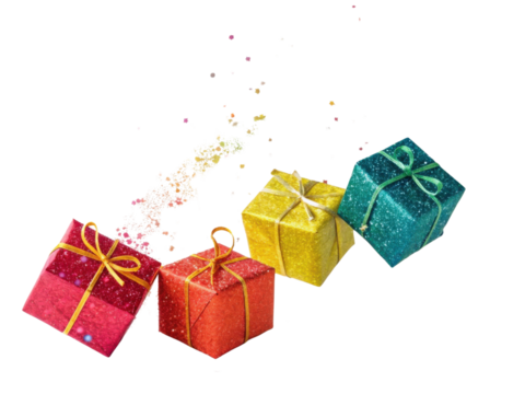 Brightly colored gift boxes with glittery surfaces and ribbons create festive atmosphere, perfect for celebrations and special occasions