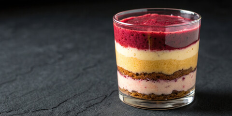 Layered dessert in glass with vibrant berry topping and creamy textures, offering rich and inviting treat experience