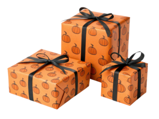 Festive orange gift boxes adorned with pumpkin patterns and black ribbons create cheerful autumn atmosphere. Perfect for seasonal celebrations