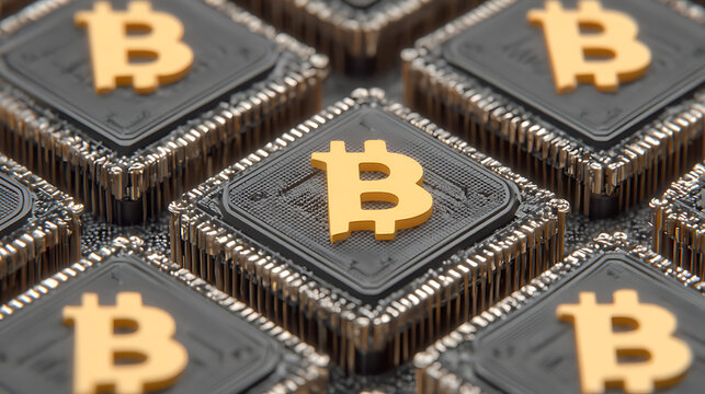 Golden Bitcoin symbols embedded on black microchip surfaces arranged in a grid pattern